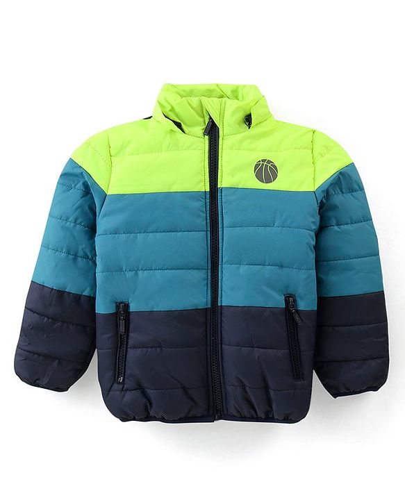 Babyhug Full Sleeves Colour Blocked Padded Jacket with Detachable Hood - Green & Blue