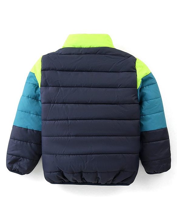Babyhug Full Sleeves Colour Blocked Padded Jacket with Detachable Hood - Green & Blue
