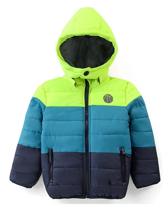 Babyhug Full Sleeves Colour Blocked Padded Jacket with Detachable Hood - Green & Blue