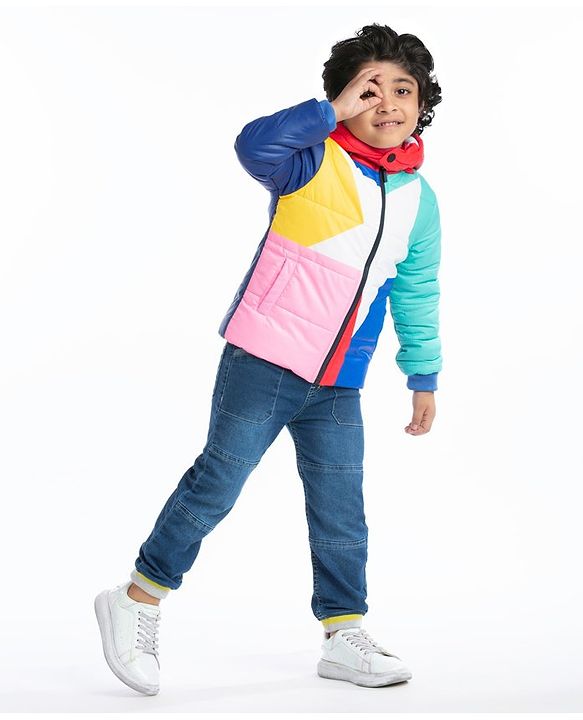 Babyhug Full Sleeves Colour Blocked Padded Jacket with Detachable Hood - Multicolour