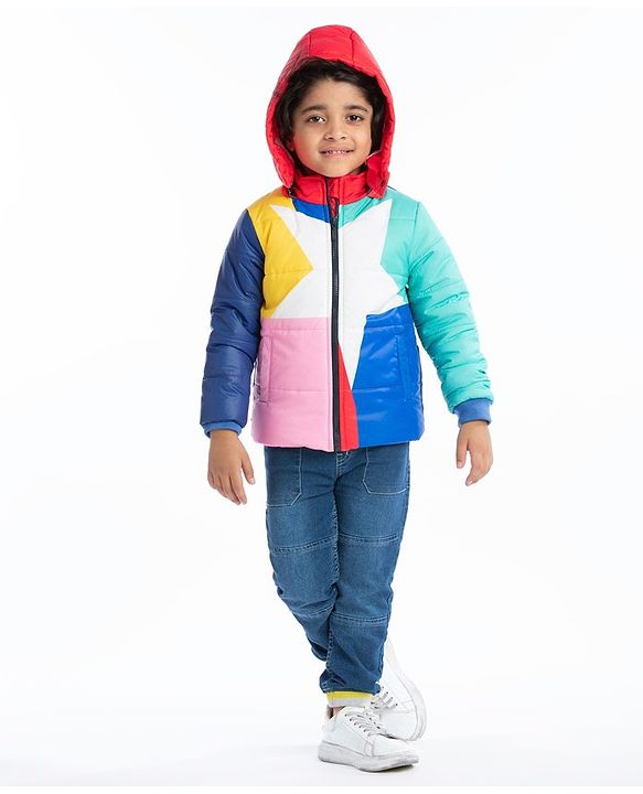 Babyhug Full Sleeves Colour Blocked Padded Jacket with Detachable Hood - Multicolour