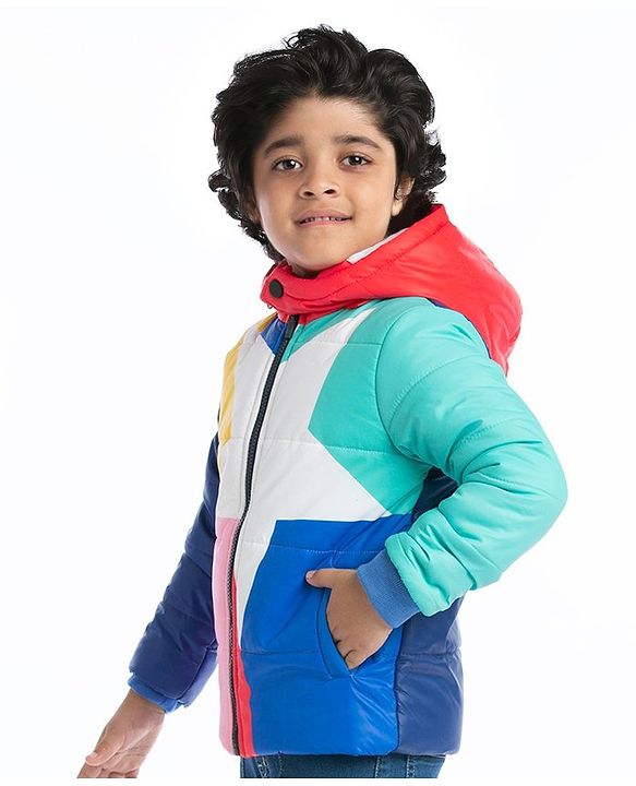Babyhug Full Sleeves Colour Blocked Padded Jacket with Detachable Hood - Multicolour