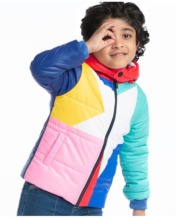 Babyhug Full Sleeves Colour Blocked Padded Jacket with Detachable Hood - Multicolour