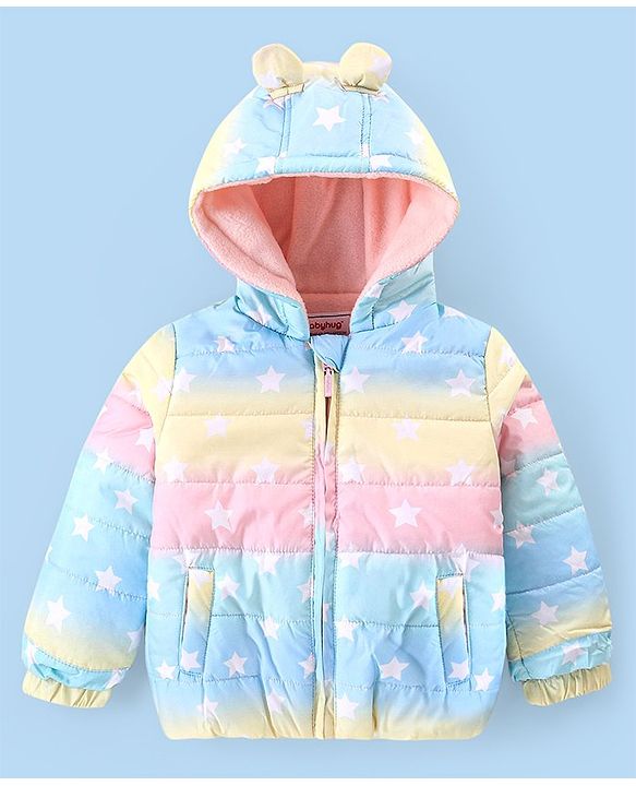 Babyhug Full Sleeves Hooded  Jacket with Star Print & Ear Applique - Multicolour