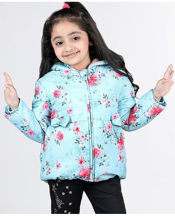 Babyhug Full Sleeves Hooded Jacket with Floral Design - Aqua Blue