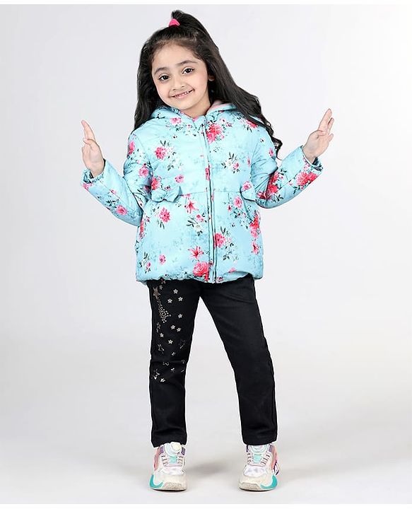 Babyhug Full Sleeves Hooded Jacket with Floral Design - Aqua Blue
