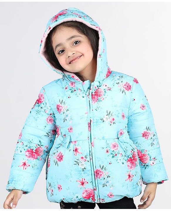 Babyhug Full Sleeves Hooded Jacket with Floral Design - Aqua Blue