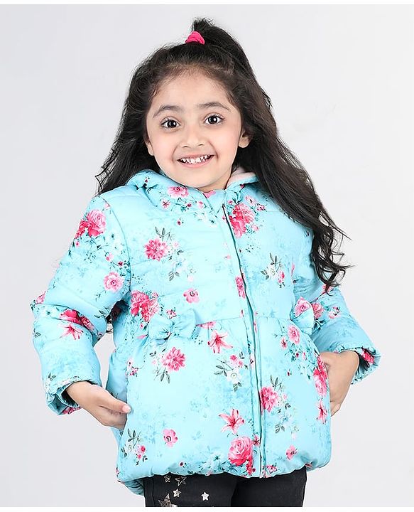 Babyhug Full Sleeves Hooded Jacket with Floral Design - Aqua Blue