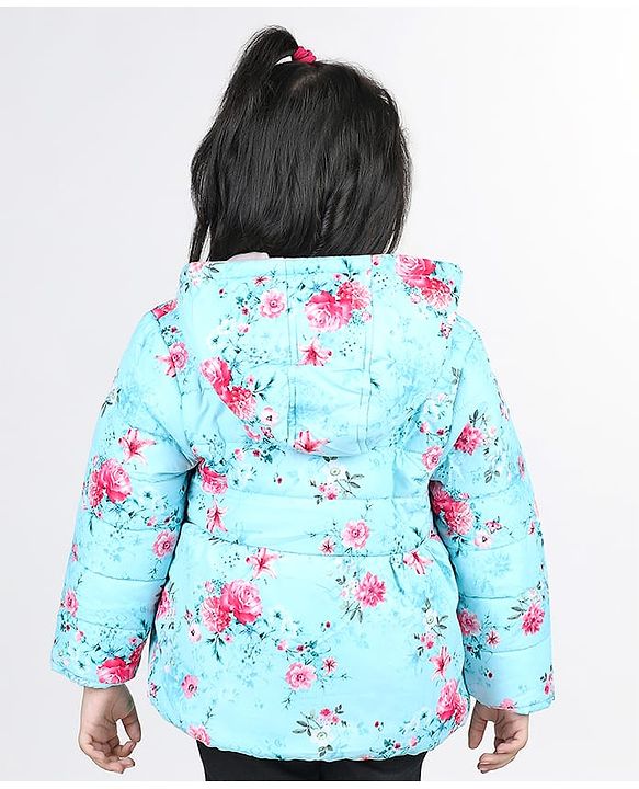 Babyhug Full Sleeves Hooded Jacket with Floral Design - Aqua Blue