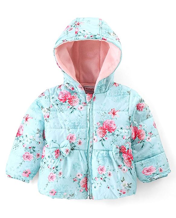 Babyhug Full Sleeves Hooded Jacket with Floral Design - Aqua Blue