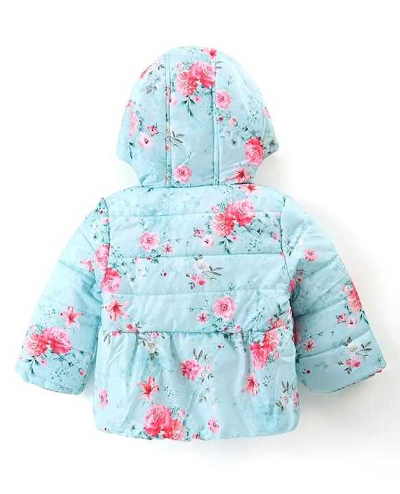 Babyhug Full Sleeves Hooded Jacket with Floral Design - Aqua Blue