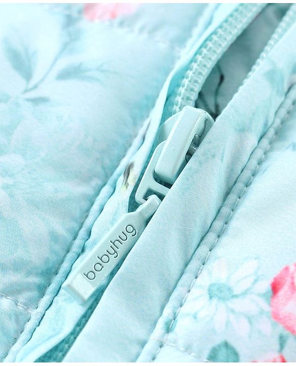 Babyhug Full Sleeves Hooded Jacket with Floral Design - Aqua Blue
