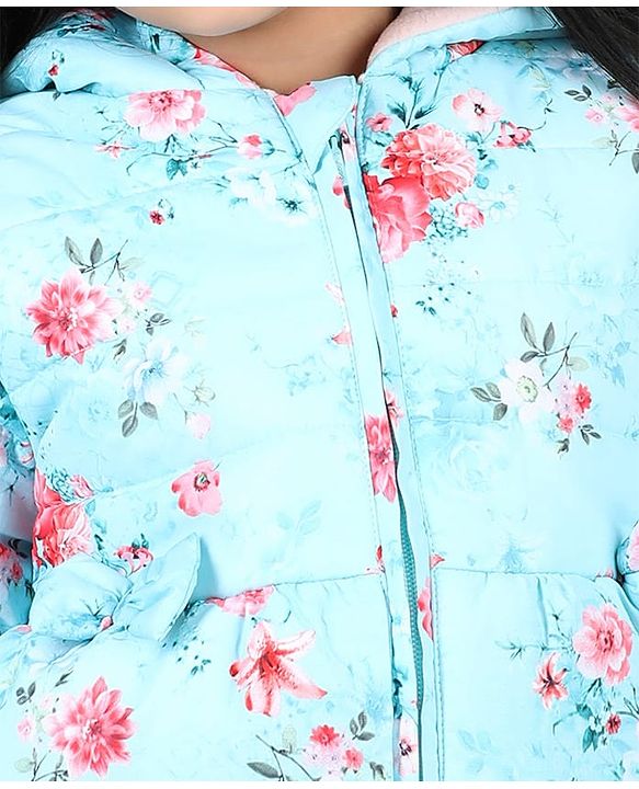 Babyhug Full Sleeves Hooded Jacket with Floral Design - Aqua Blue