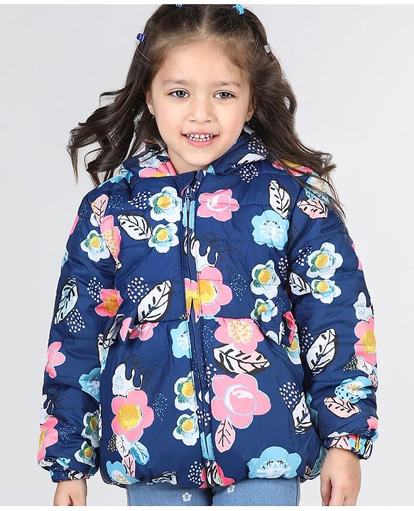 Babyhug Full Sleeves Hooded  Jacket with Floral Print - Blue