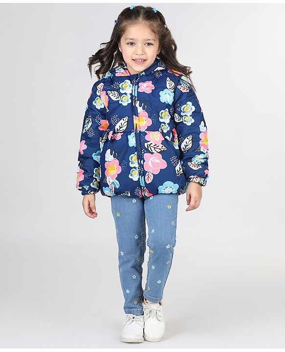 Babyhug Full Sleeves Hooded  Jacket with Floral Print - Blue