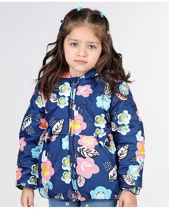 Babyhug Full Sleeves Hooded  Jacket with Floral Print - Blue