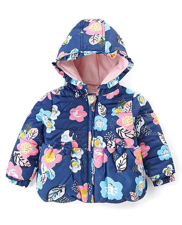 Babyhug Full Sleeves Hooded  Jacket with Floral Print - Blue