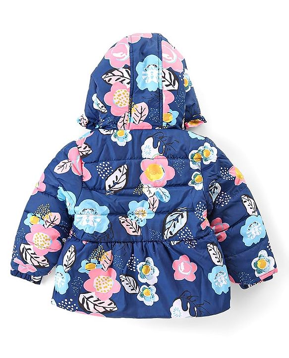 Babyhug Full Sleeves Hooded  Jacket with Floral Print - Blue