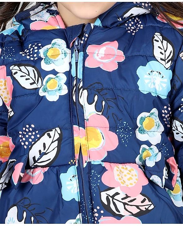 Babyhug Full Sleeves Hooded  Jacket with Floral Print - Blue