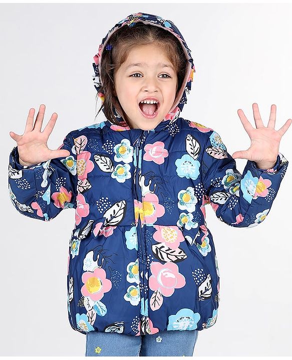 Babyhug Full Sleeves Hooded  Jacket with Floral Print - Blue