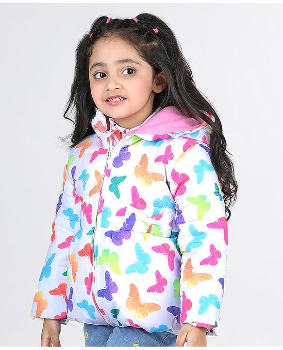 Babyhug Full Sleeves Hoodie with Butterfly Print - White & Pink