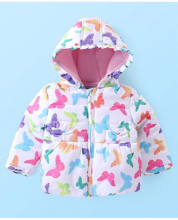 Babyhug Full Sleeves Hoodie with Butterfly Print - White & Pink