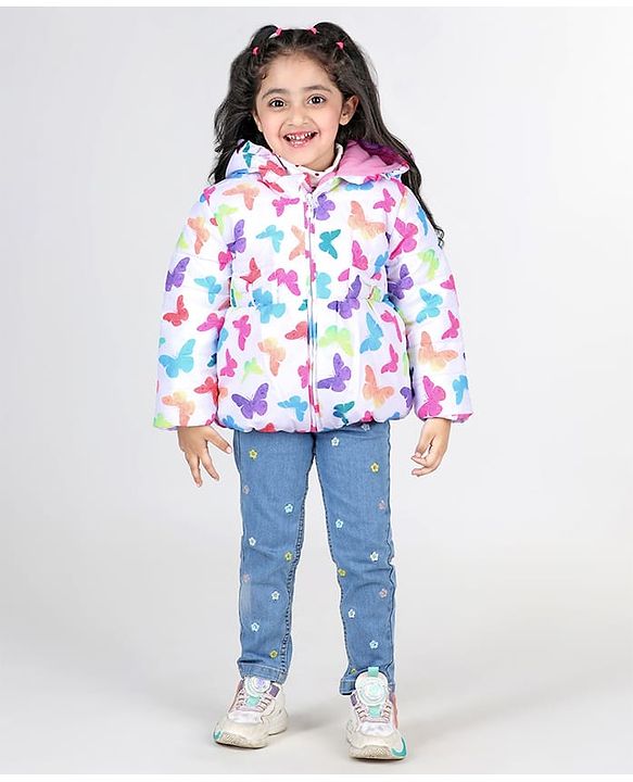 Babyhug Full Sleeves Hoodie with Butterfly Print - White & Pink