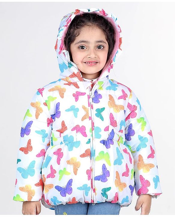 Babyhug Full Sleeves Hoodie with Butterfly Print - White & Pink