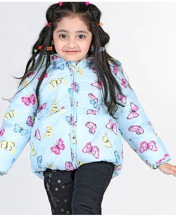 Babyhug Full Sleeves Hooded Jacket with Butterfly Print - Sky Blue