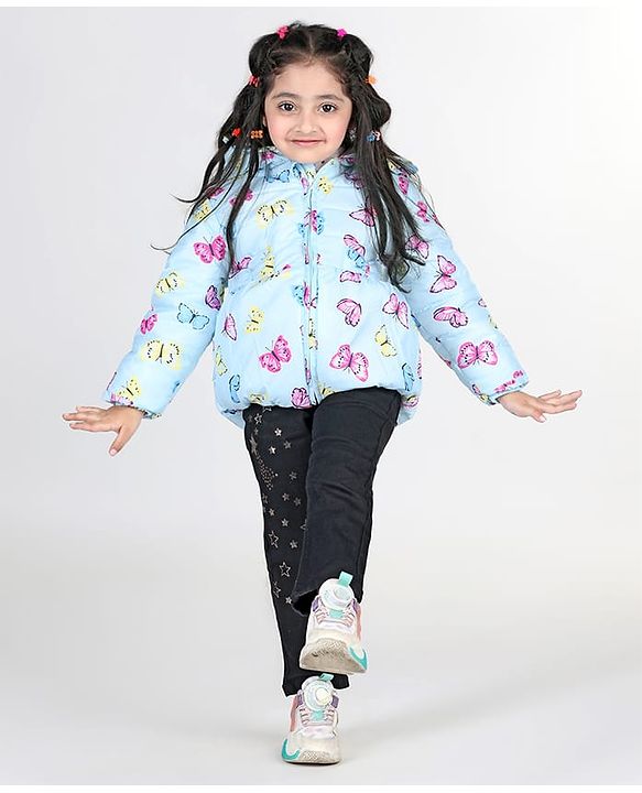 Babyhug Full Sleeves Hooded Jacket with Butterfly Print - Sky Blue