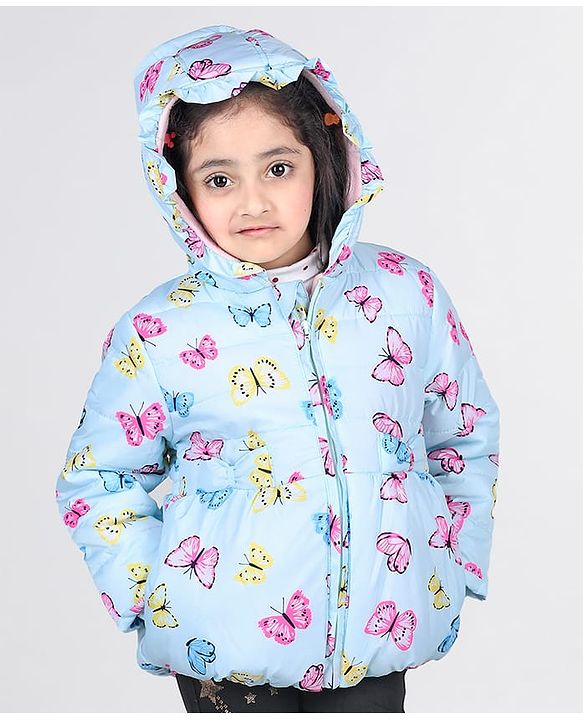 Babyhug Full Sleeves Hooded Jacket with Butterfly Print - Sky Blue