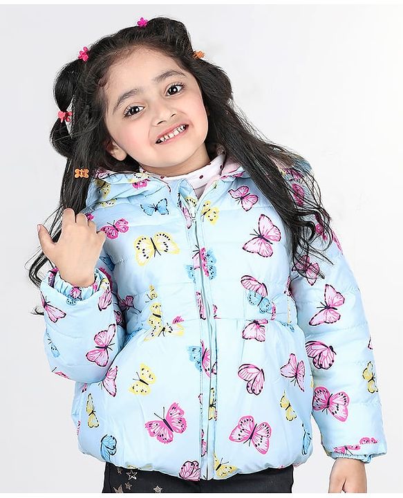 Babyhug Full Sleeves Hooded Jacket with Butterfly Print - Sky Blue