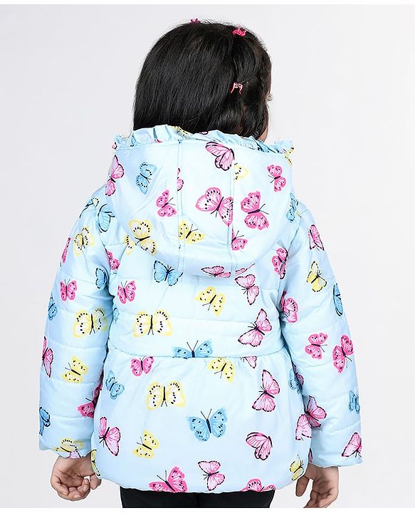 Babyhug Full Sleeves Hooded Jacket with Butterfly Print - Sky Blue