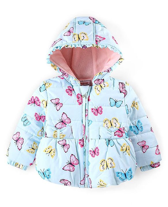 Babyhug Full Sleeves Hooded Jacket with Butterfly Print - Sky Blue