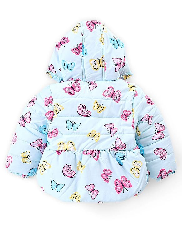 Babyhug Full Sleeves Hooded Jacket with Butterfly Print - Sky Blue