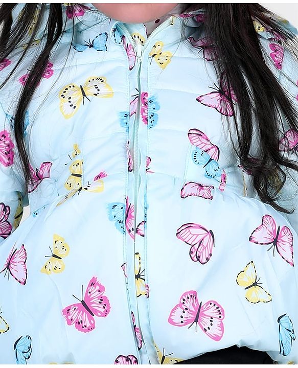 Babyhug Full Sleeves Hooded Jacket with Butterfly Print - Sky Blue