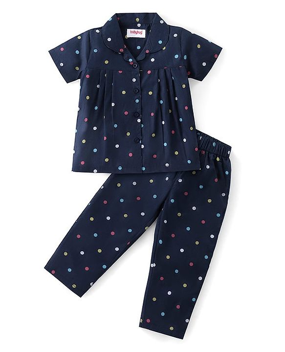 Babyhug Cotton Woven Half Sleeves Collar Neck Night Suit with Polka Dots Print - Navy Blue