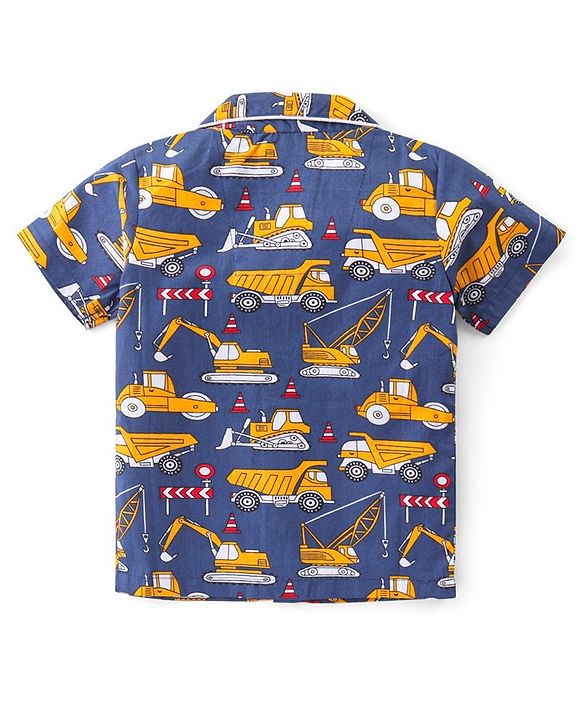 Babyhug Cotton Woven Half Sleeves Night Suit With Construction Vehicles Print - Blue