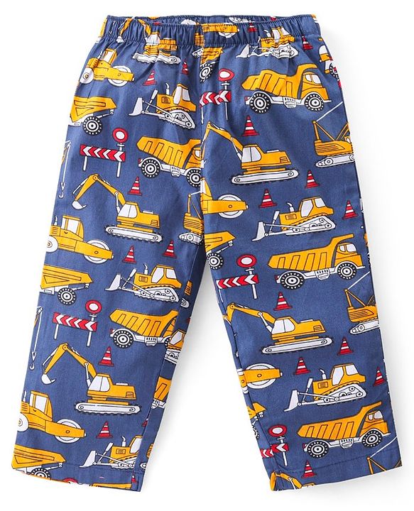 Babyhug Cotton Woven Half Sleeves Night Suit With Construction Vehicles Print - Blue