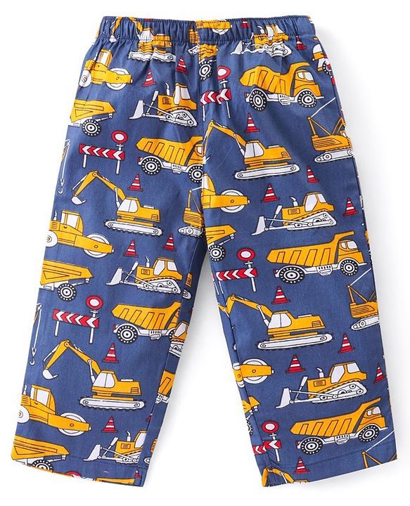 Babyhug Cotton Woven Half Sleeves Night Suit With Construction Vehicles Print - Blue