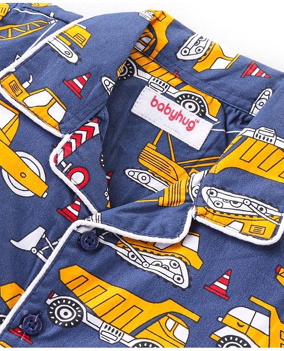Babyhug Cotton Woven Half Sleeves Night Suit With Construction Vehicles Print - Blue