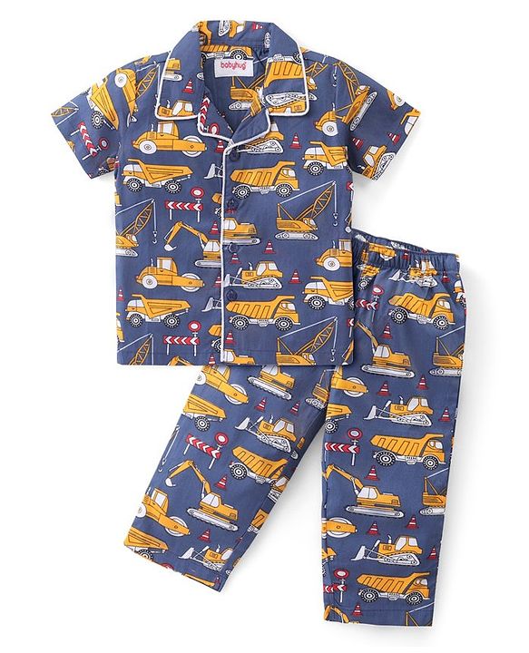 Babyhug Cotton Woven Half Sleeves Night Suit With Construction Vehicles Print - Blue