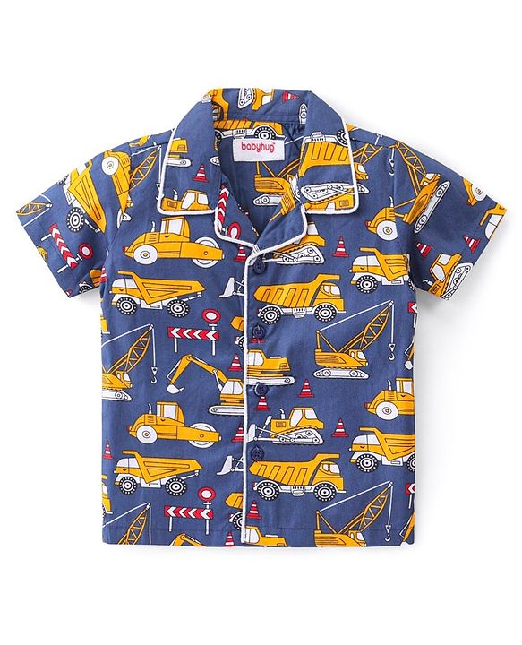 Babyhug Cotton Woven Half Sleeves Night Suit With Construction Vehicles Print - Blue