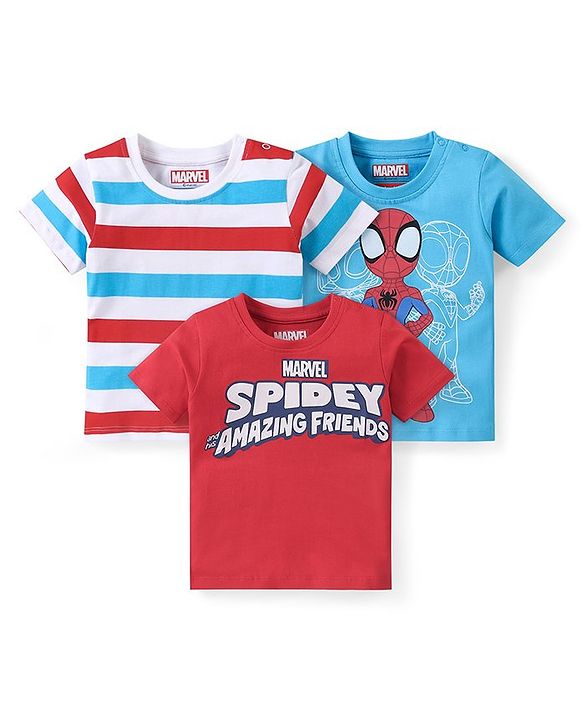 Babyhug Marvel Cotton Half Sleeves T-Shirt with Spider Man Graphics Pack of 3 - Red & Blue