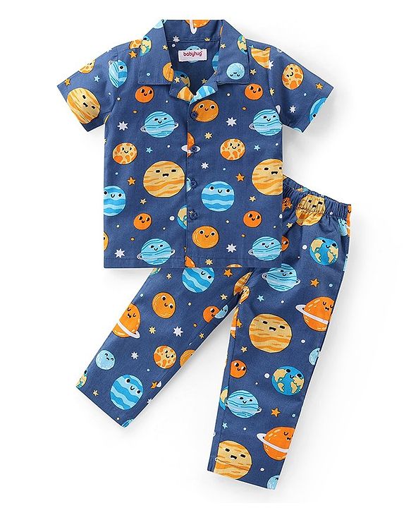 Babyhug Cotton Knit Half Sleeves Collar Neck Night Suit with Space Theme Print - Blue