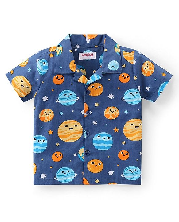 Babyhug Cotton Knit Half Sleeves Collar Neck Night Suit with Space Theme Print - Blue