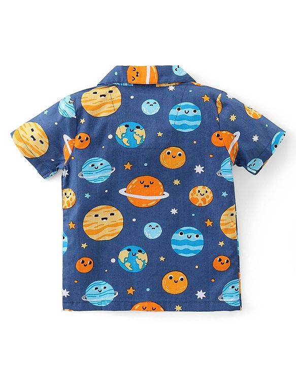 Babyhug Cotton Knit Half Sleeves Collar Neck Night Suit with Space Theme Print - Blue