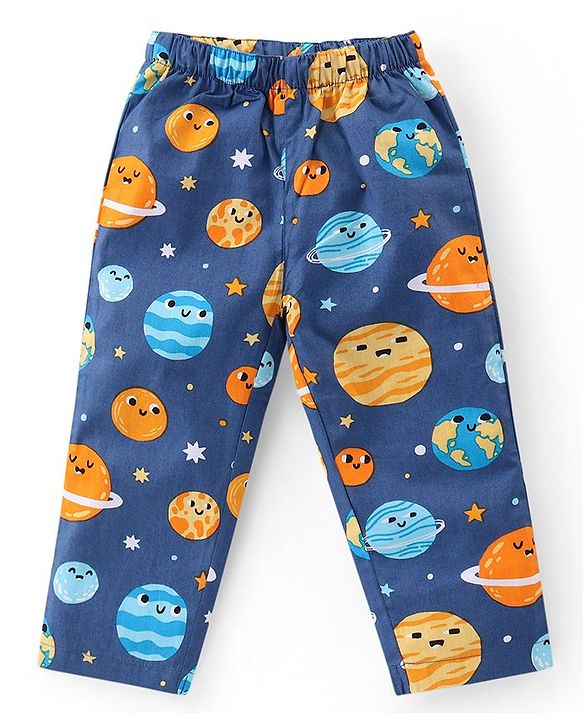 Babyhug Cotton Knit Half Sleeves Collar Neck Night Suit with Space Theme Print - Blue