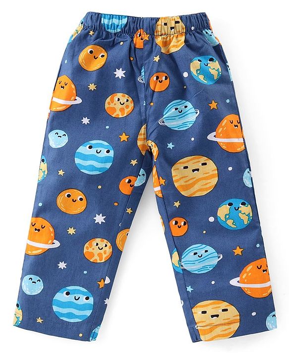 Babyhug Cotton Knit Half Sleeves Collar Neck Night Suit with Space Theme Print - Blue