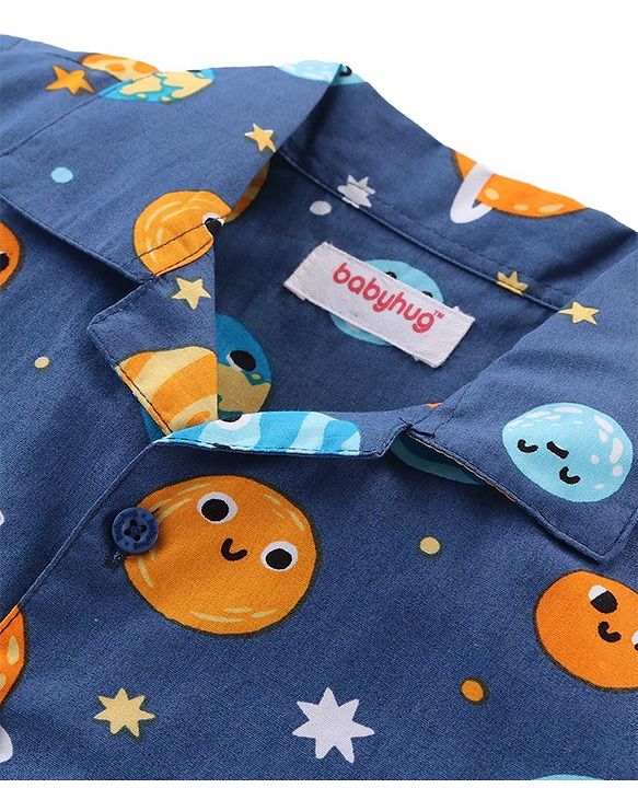 Babyhug Cotton Knit Half Sleeves Collar Neck Night Suit with Space Theme Print - Blue